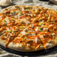 Buffalo Chicken Pizza on a pizza pan