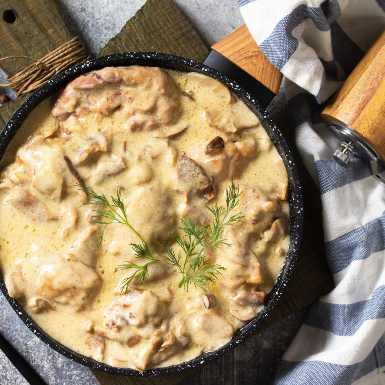 Overhead image of Chicken Stroganoff in a skillet