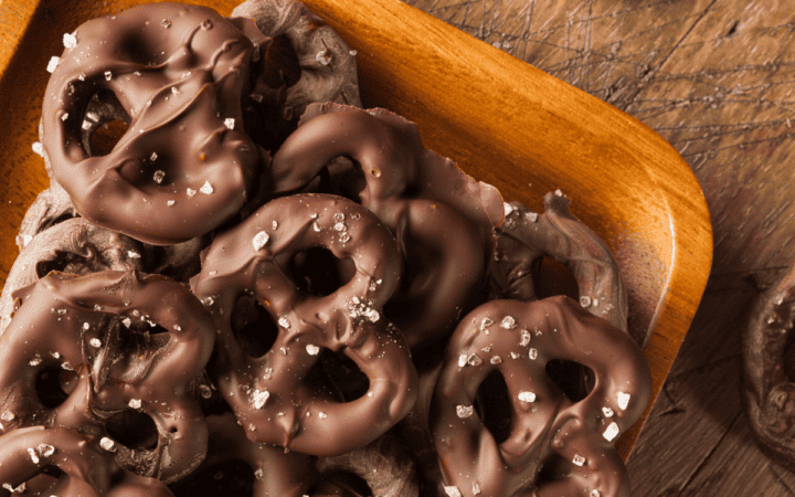 Close up image of Chocolate Covered Pretzels in a serving bowl