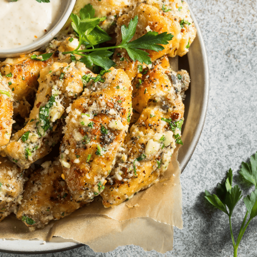Close up image of Garlic Parmesan Wings on a plate