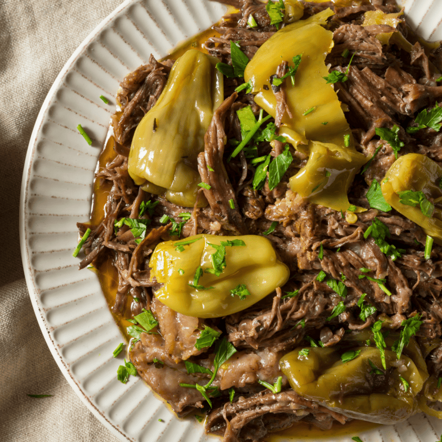 Overhead image of Mississippi Pot Roast on a white plate