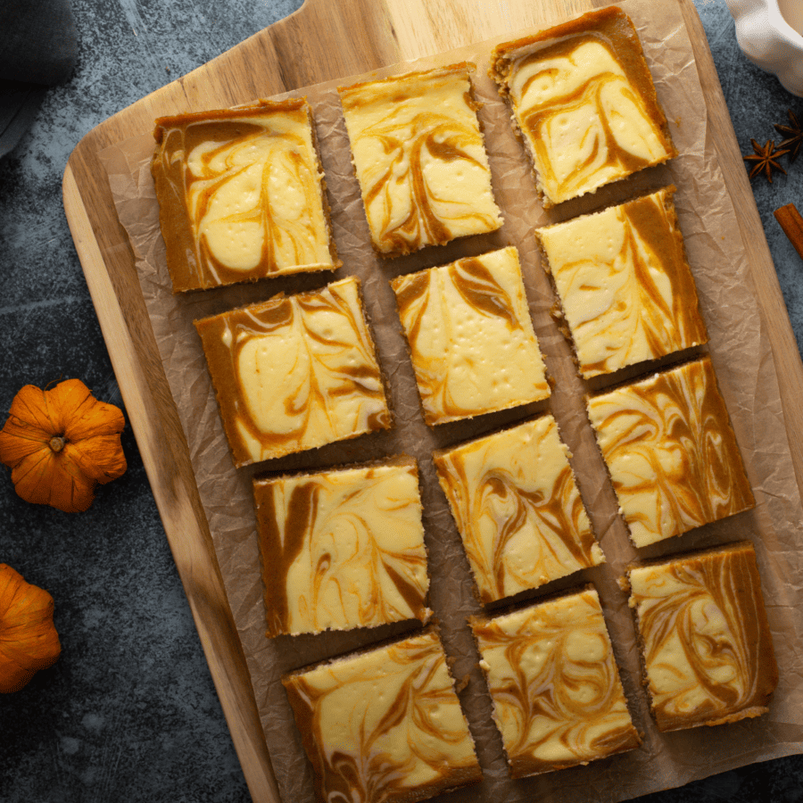 Overhead image of Low Carb Pumpkin Bars on a wooden cutting board