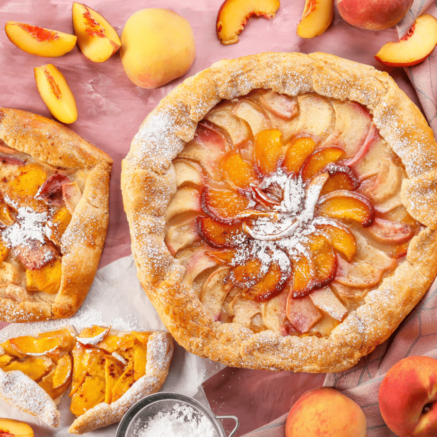 Overhead image of an air fryer peach galette surrounded by fresh peaches