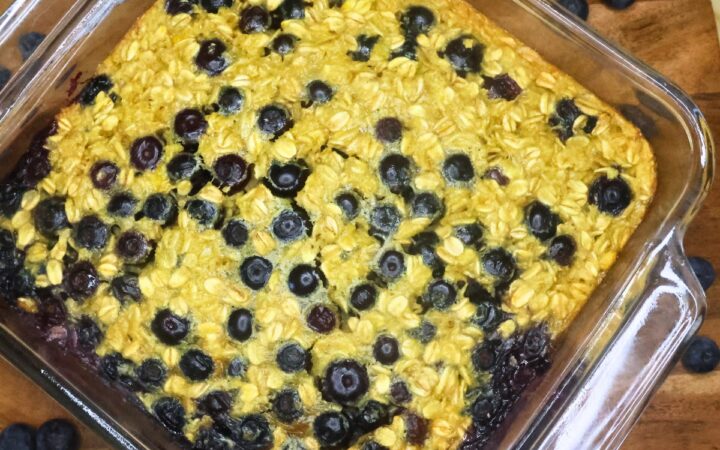 Baked Blueberry Oatmeal in a glass dish