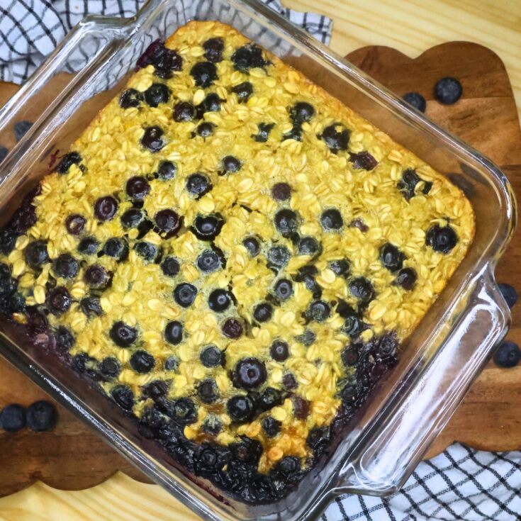 Baked Blueberry Oatmeal in a glass dish