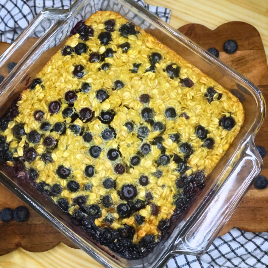 Baked Blueberry Oatmeal in a glass dish