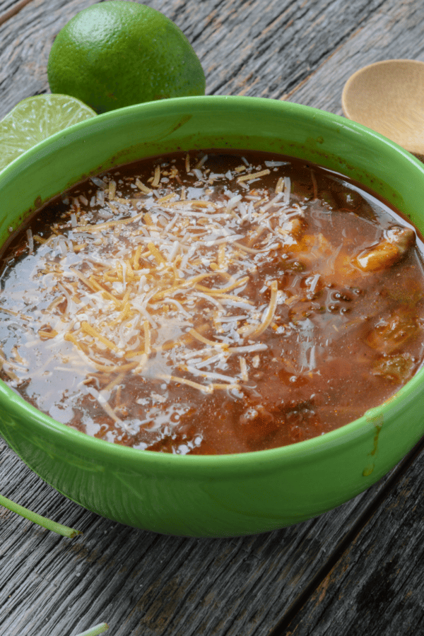 Chicken Fajita Soup in a green bowl