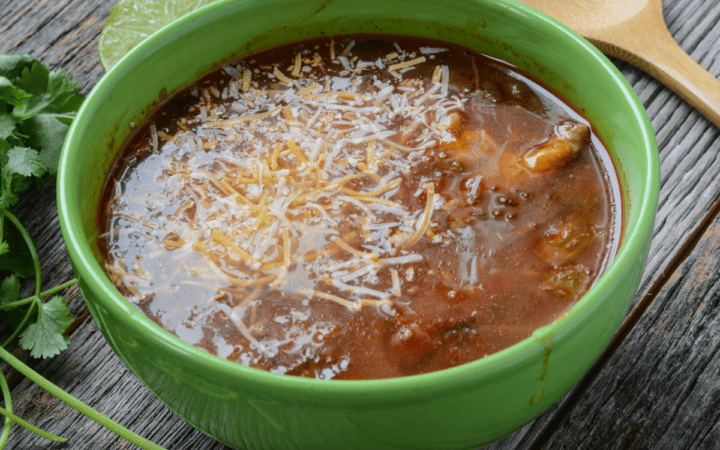Chicken Fajita Soup in a green bowl