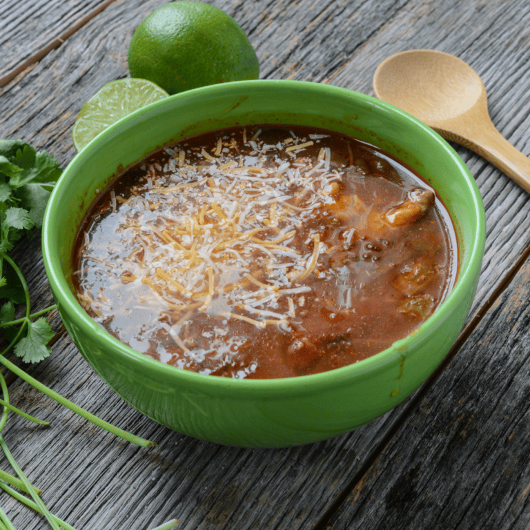 Chicken Fajita Soup in a green bowl