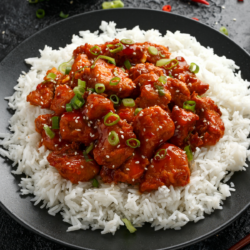 Firecracker Chicken served on a bed of white rice
