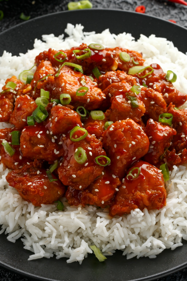 Firecracker Chicken served on a bed of white rice