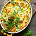 Overhead image of Zucchini Casserole in an oval baking dish on a cutting board