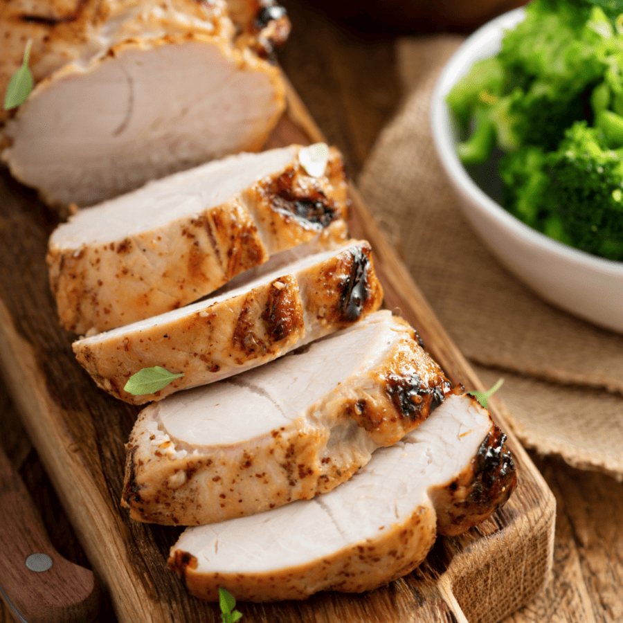 Sliced Roasted Turkey breast on a cutting board