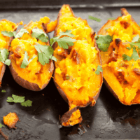 Twice Baked Sweet Potatoes on a baking sheet