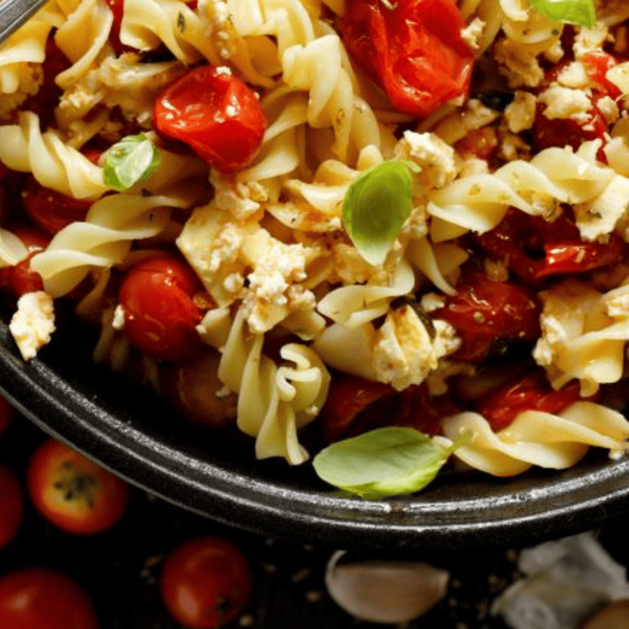 Close up image of Baked Feta Pasta in a skillet