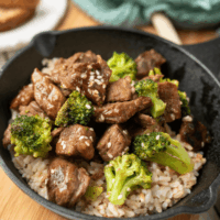 Overhead image of Beef and Broccoli over a bed of rice