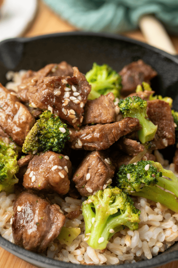 Overhead image of Beef and Broccoli over a bed of rice