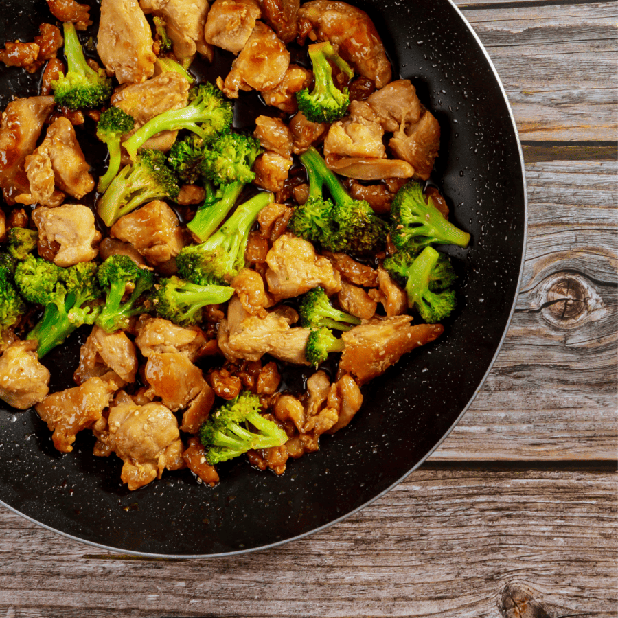 Close up image of Chicken and Broccoli in a skillet