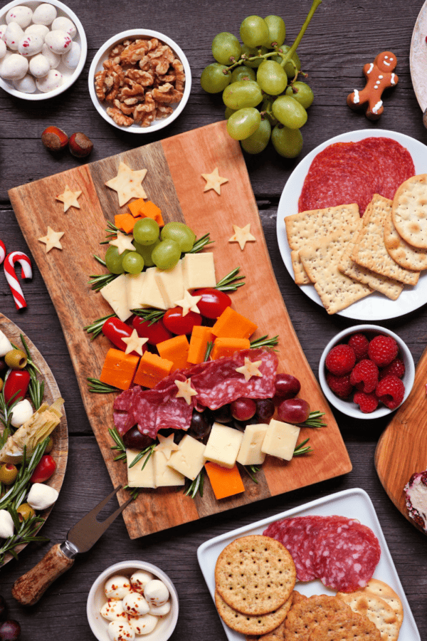 overhead image of several Christmas Charcuterie Boards
