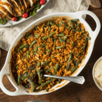 Overhead image of Crockpot Green Bean Casserole in a serving dish