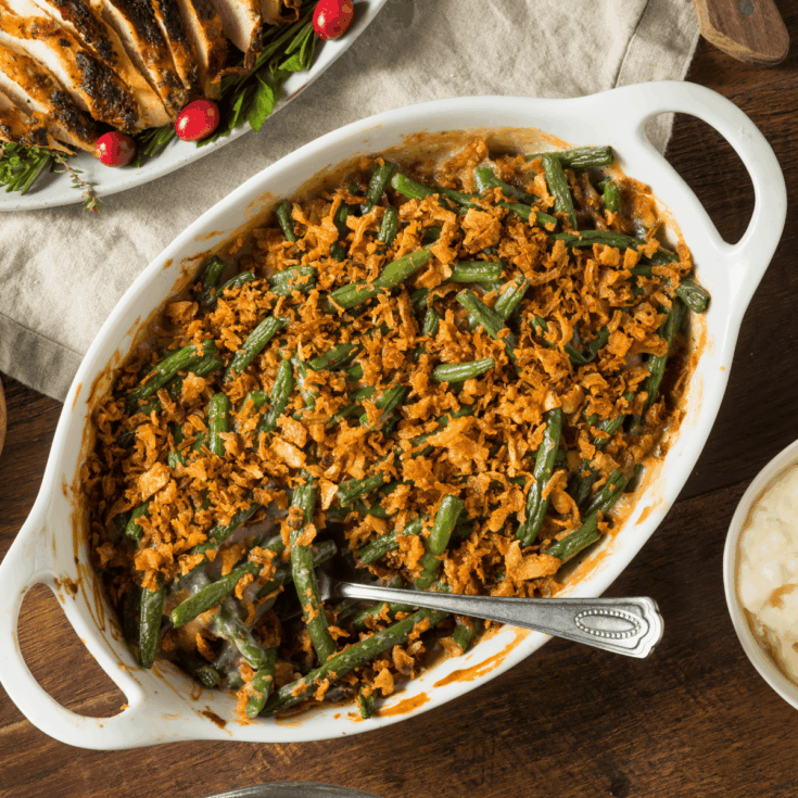 Overhead image of Crockpot Green Bean Casserole in a serving dish