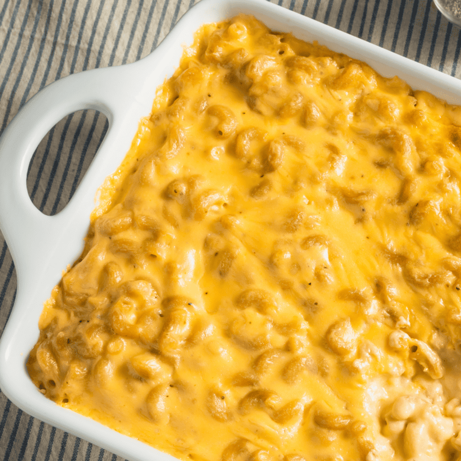 Close up image of Instant Pot Mac and Cheese in a white casserole dish
