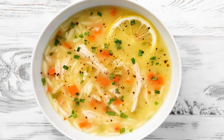 Overhead image of Lemon Chicken Orzo Soup in a bowl