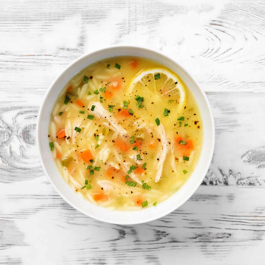 Overhead image of Lemon Chicken Orzo Soup in a bowl