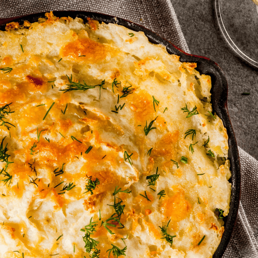 Close Up Image of Mashed Potato Casserole in a pan