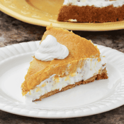 A slice of no bake pumpkin pie on a white plate