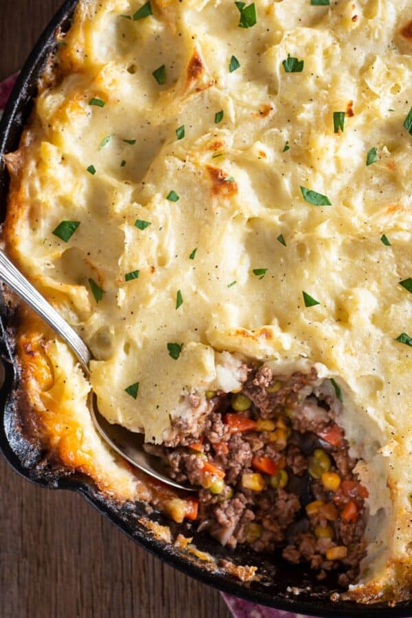 Overhead image of a shepherds pie in a skillet
