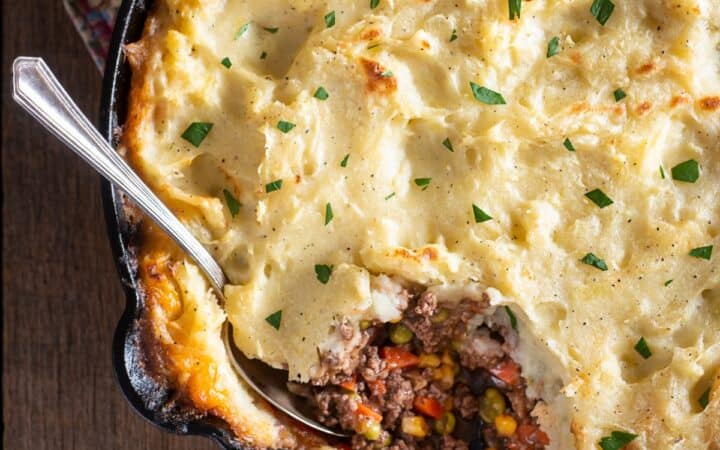 Overhead image of a shepherds pie in a skillet