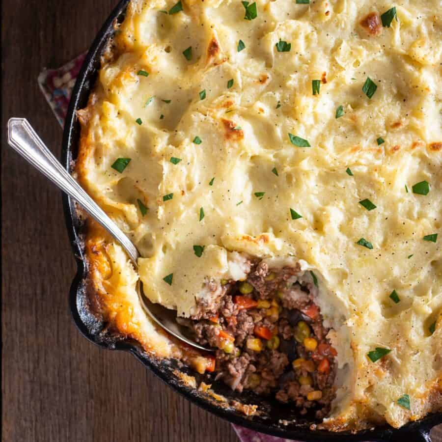 Overhead image of a shepherds pie in a skillet