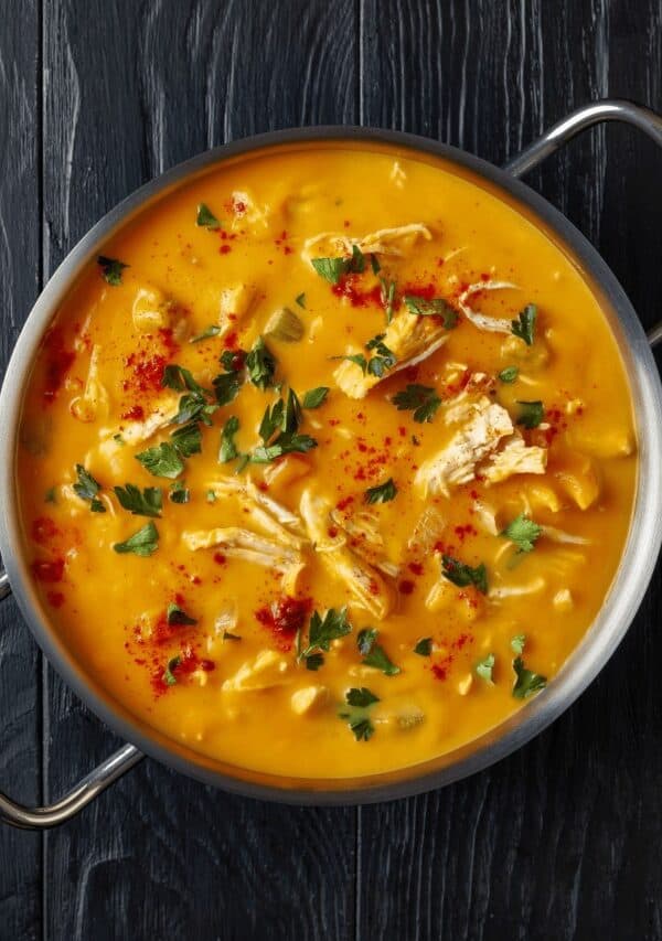 Overhead image of Buffalo Chicken Soup in a metal dish with handles