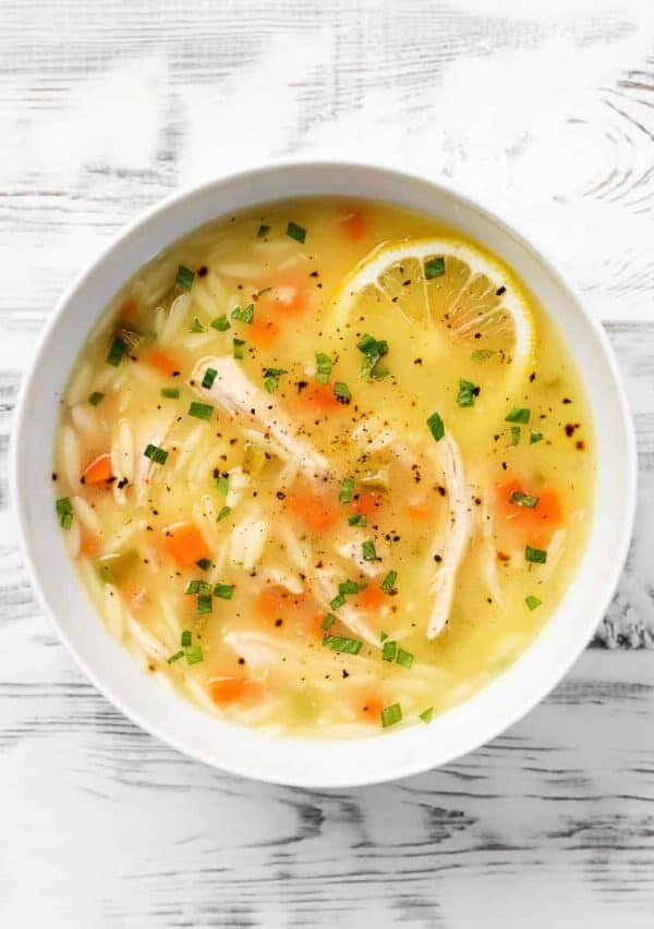 Overhead image of Lemon Chicken Orzo Soup in a bowl