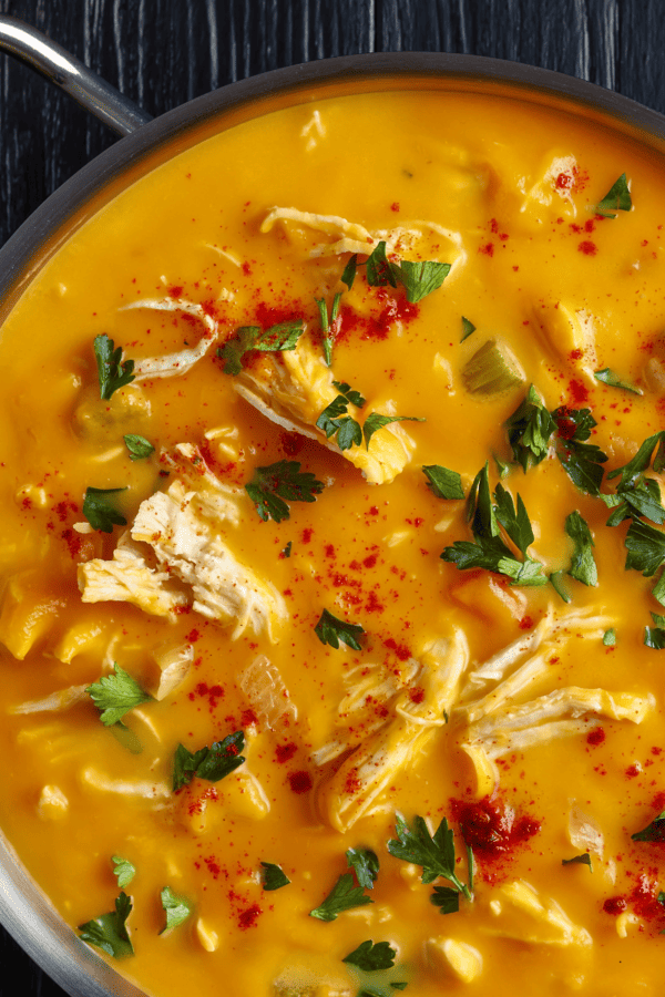 Close up image of Buffalo Chicken Soup in a metal dish