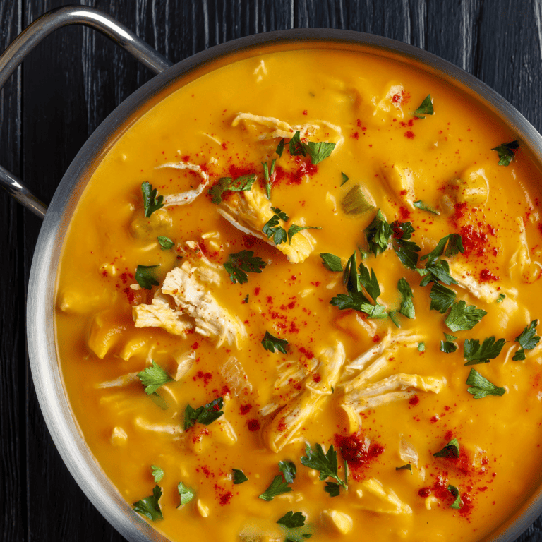 Close up image of Buffalo Chicken Soup in a metal dish