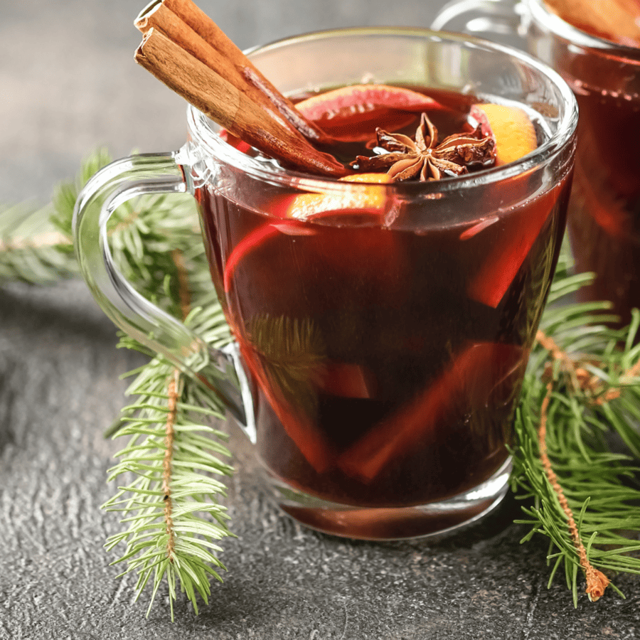 Close up image of Christmas Punch in a glass mug