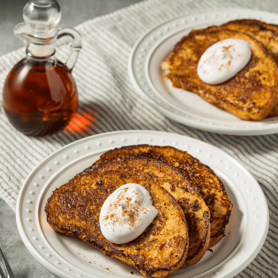 Two plates of eggnog french toast