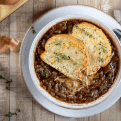 Overhead image of a bowl of french onion soup