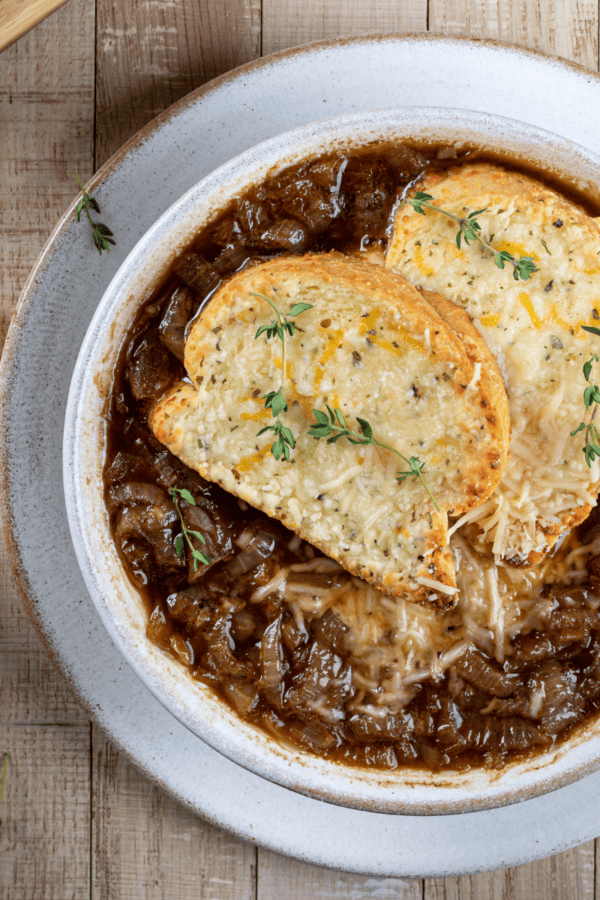 Overhead image of a bowl of french onion soup