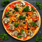 Overhead image of a vegetable pizza prepared on a keto pizza crust