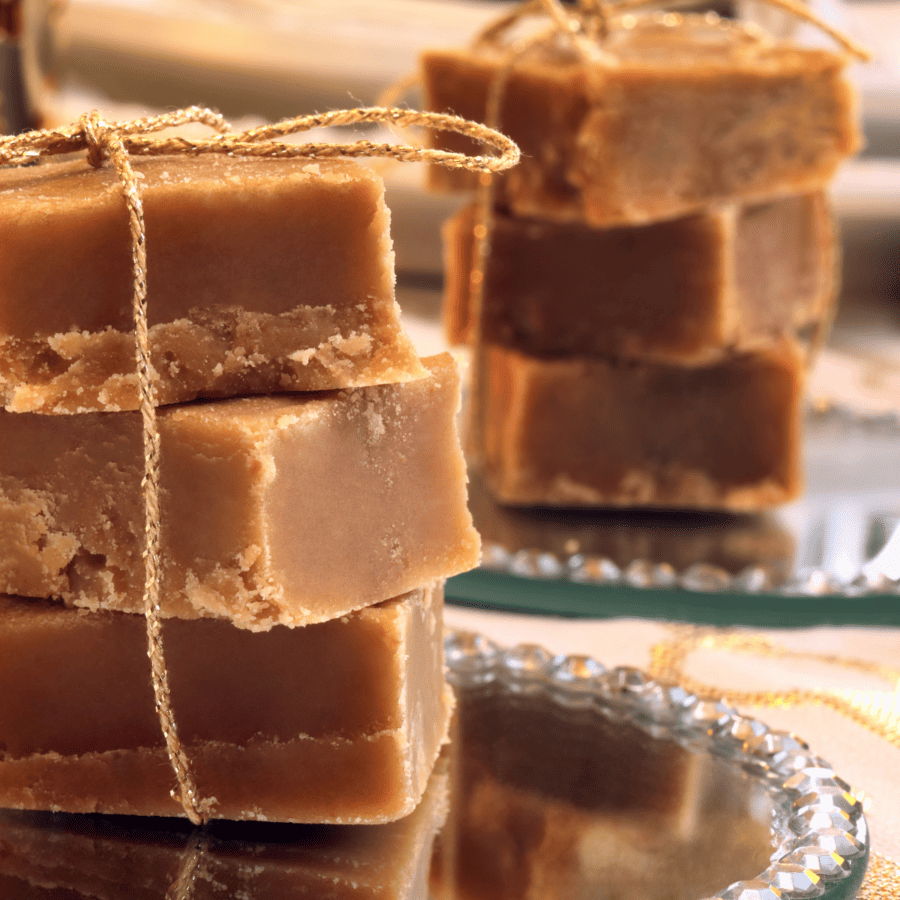 Two Stacks of Peanut Butter Fudge tied with cooking twine