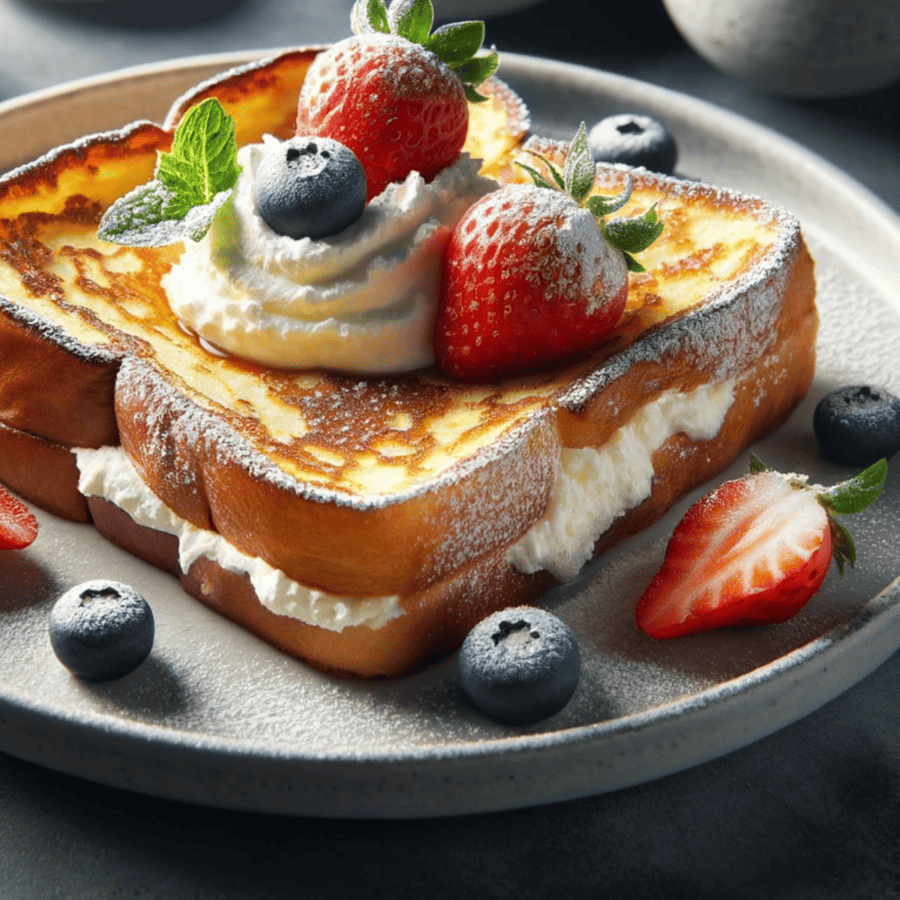 Stuffed French Toast garnished with fruit and whipped topping