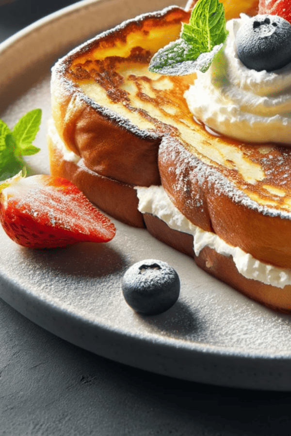 Close up image of stuffed french toast with fruit