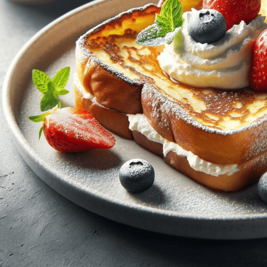 Close up image of stuffed french toast with fruit