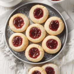 Overhead image of thumbprint cookies on a round plate
