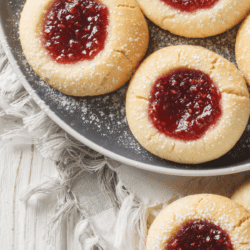 close up image of raspberry thumbprint cookies
