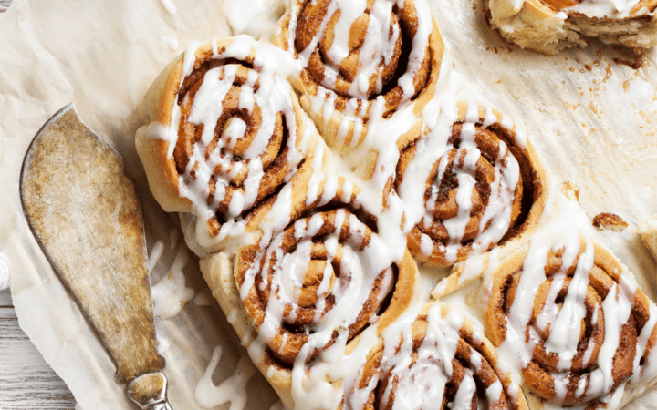 Overhead image of Tiktok Cinnamon Rolls drizzled with frosting