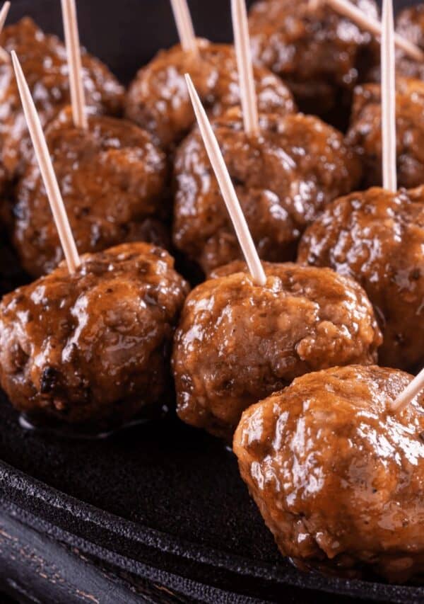 Close up image of Cocktail Meatballs with toothpicks